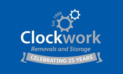 Clockwork Removals and Storage logo featuring silver text and gears on a blue background with "Celebrating 25 Years" banner