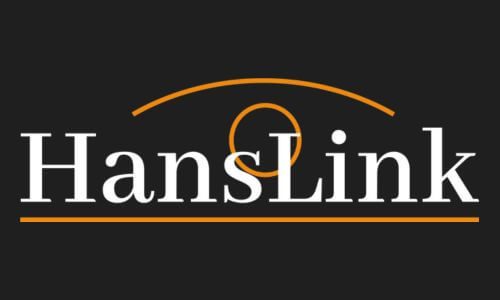 HansLink logo featuring white text with an orange underline and arc on a black background