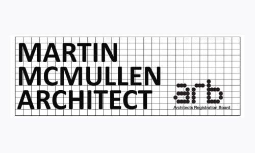 Martin McMullen Architect logo featuring bold black text and the Architect Registration Board logo on a grid background