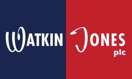 Watkin Jones plc logo featuring a blue and red background with stylized white text