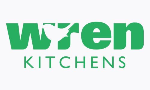 Wren Kitchens logo, featuring green text with a stylized bird silhouette integrated into the word "Wren" on a white background